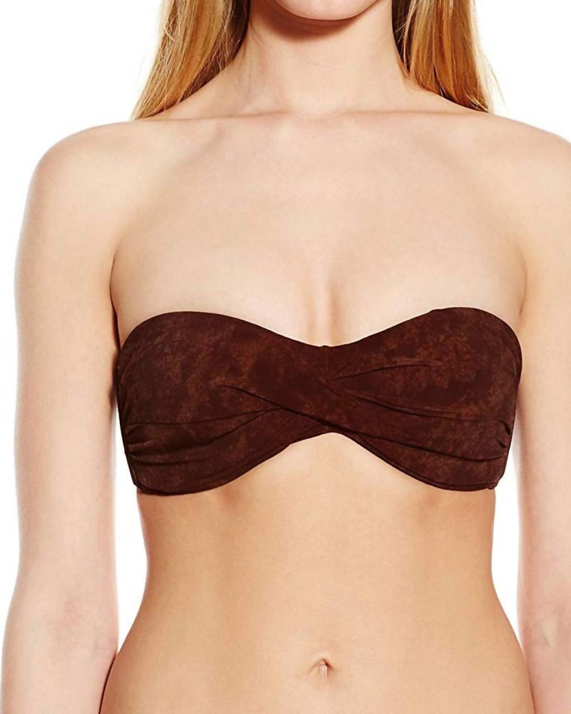 Front of a model wearing a size L Women Goddess Strapless Bandeau Swimsuit Bikini Top In Brown in Brown by PQ Swim. | dia_product_style_image_id:356344